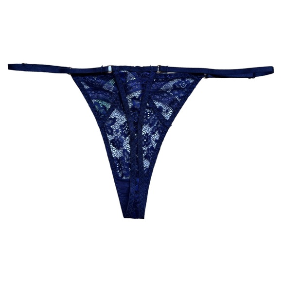 Heaven Panty Large L Lace G-String Thong in Blue, Adjustable, Rose Gold Hardware - Picture 2 of 6
